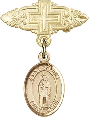 14kt Yellow Gold Baby Badge with St. Samuel Charm and Badge Pin with Cross 1 X 3/4 inches