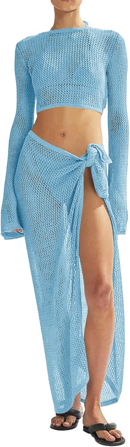 Women's Swimsuits Cover Ups Set for Crochet Bathing Suit Hollow Out 2 Piece Bikini Coverup Beach Swimwear
