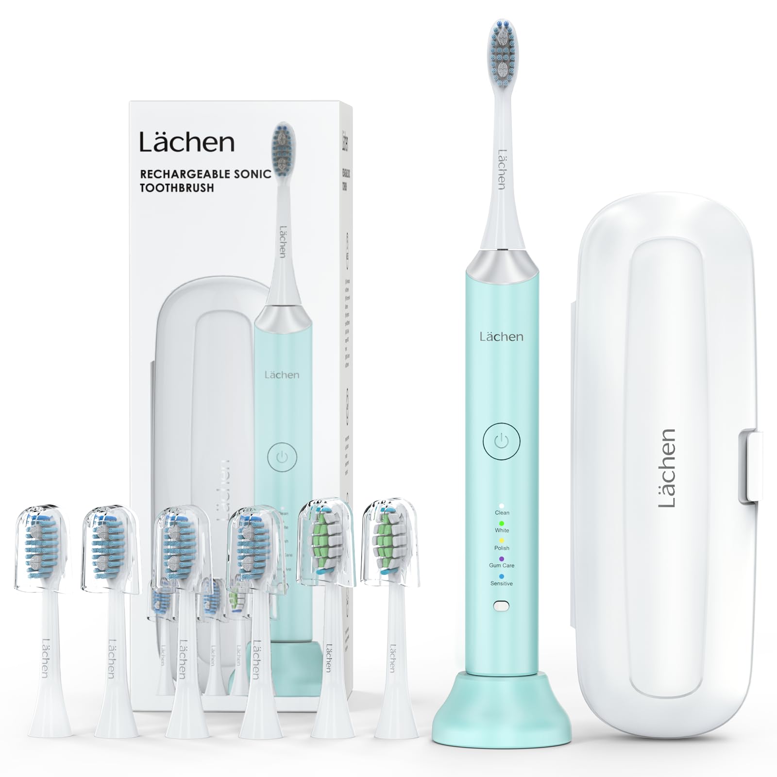 Lächen Elektrische Zahnbürste,5 Reinigungsprogramme mit Reiseetui, 6 Zahnbürstenköpfe, wiederaufladbar, IPX7 wasserdicht, Cyan