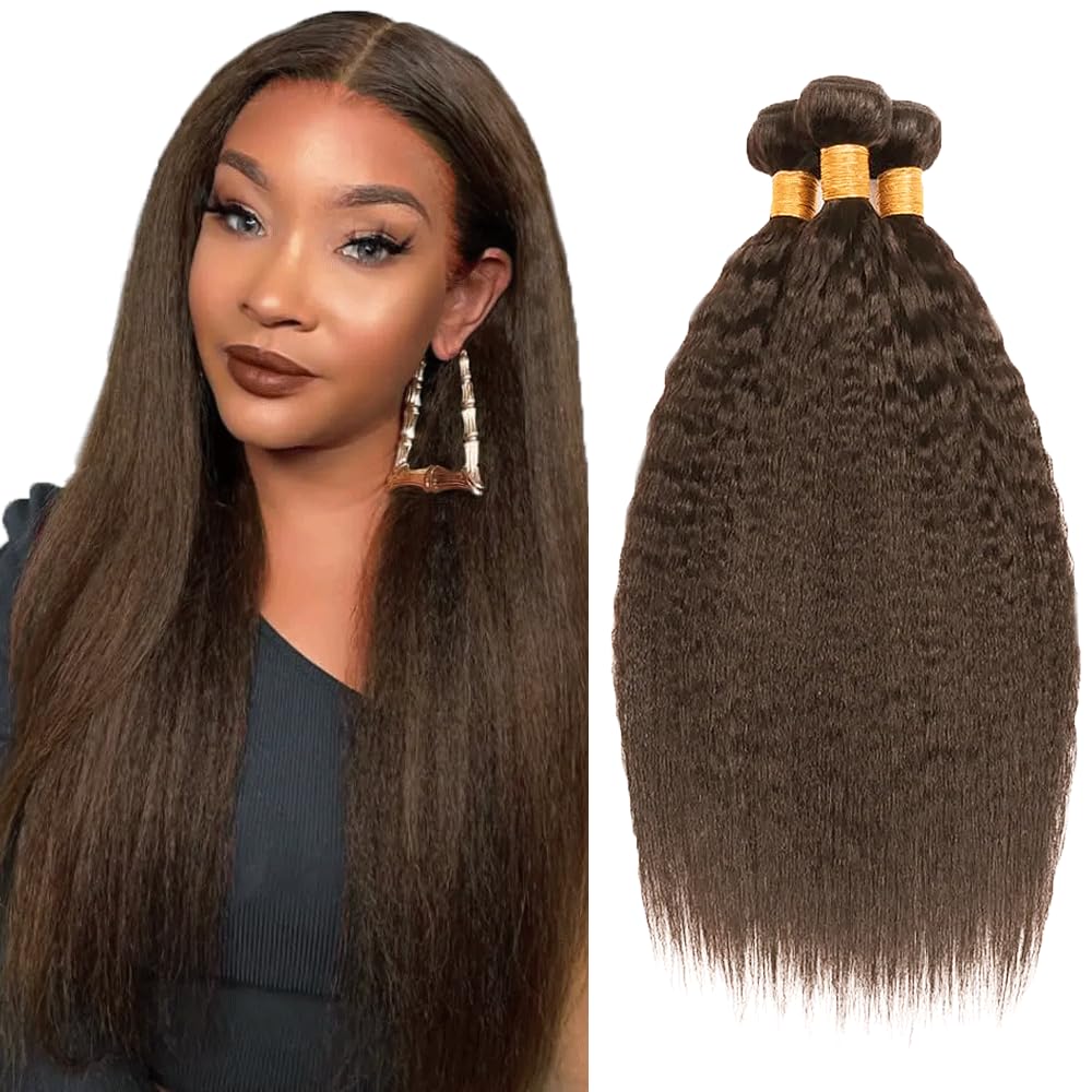 Color #4 Bundles Dark Brown Kinky Staright Human Hair Bundles Chocolate Brown Bundles Human Hair 3 Bundles 20 22 24 Inch Color #4 Yaki Straight Bundles