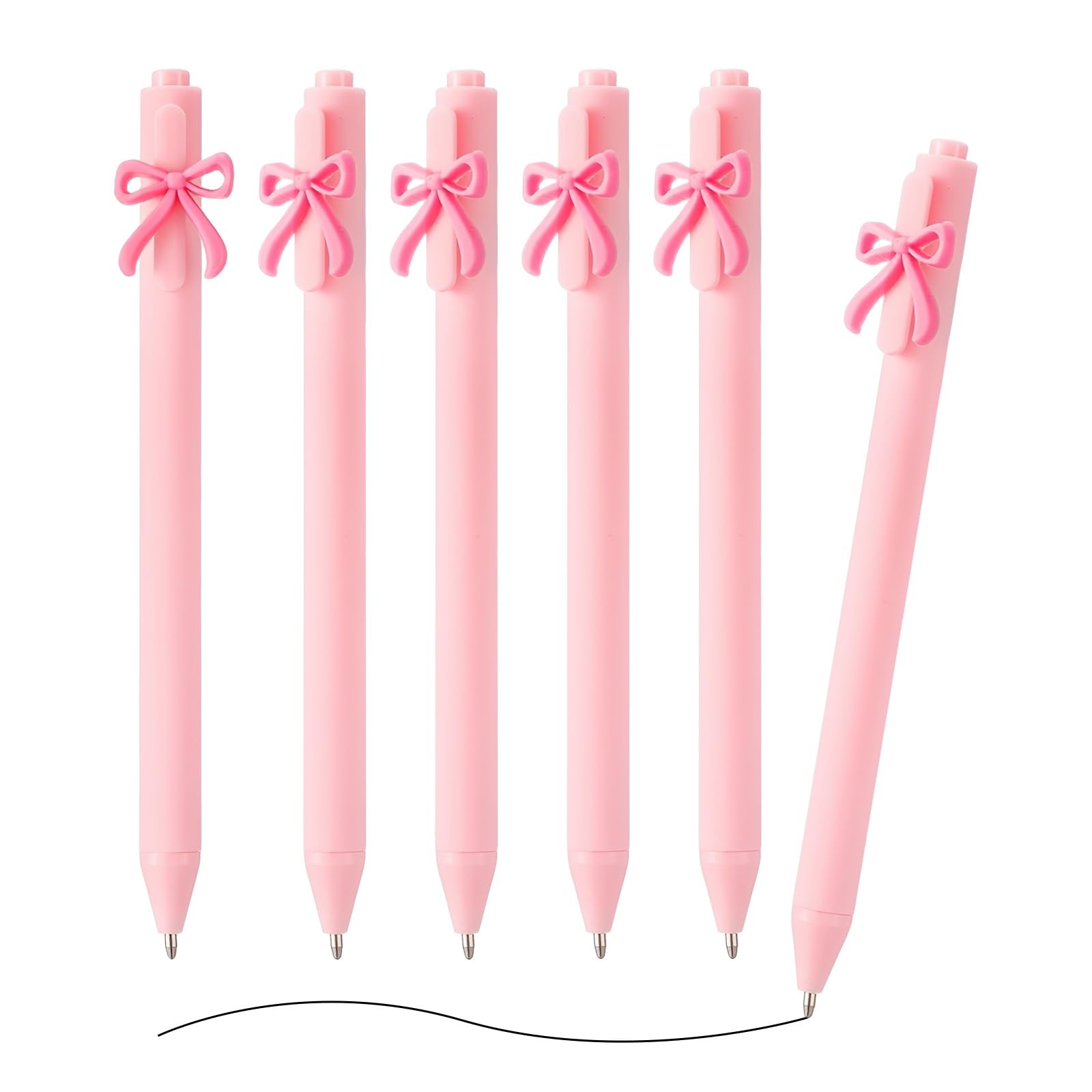 6 Pcs Pink Pen, 0.5mm Pink Pens Black Ink, Bow Rollerball Pens Stationery for Girls, Smooth Retractable Ballpoint for Student Writing Taking Notes School Home Office Supplies