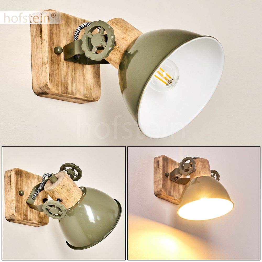 Lampada da parete Orny, lampada da parete regolabile in metallo/legno in verde/bianco/marrone, 1 luce, 1 attacco E27, spot da parete in design retro/vintage, senza lampadina/e