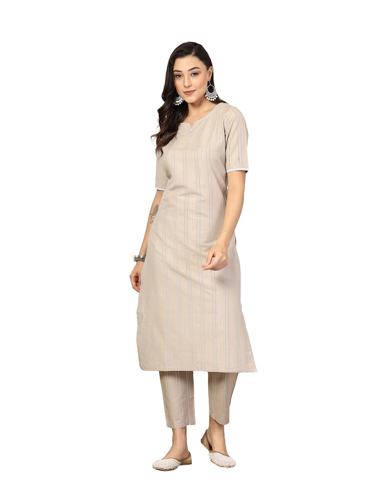 Stylum Women's Self Woven Striped Cotton Blend Straight Kurta Pant Set