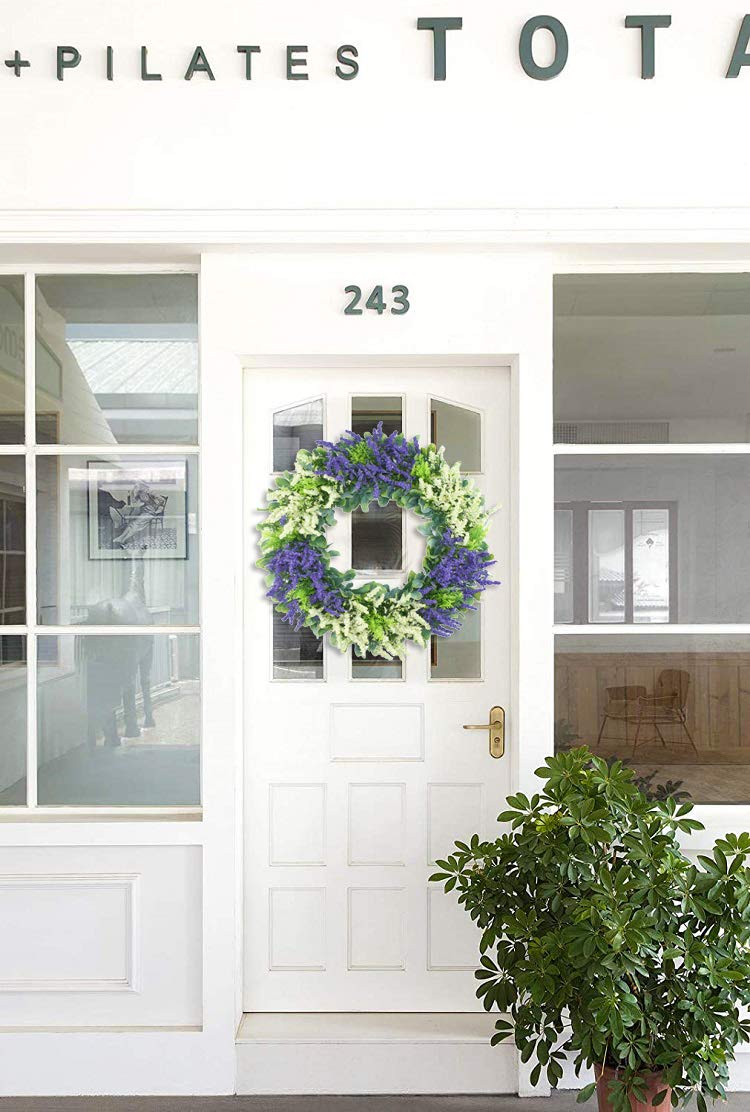 Delicaft 16 Inches Artificial Larvender New Year's Day Front Door Wreath - Lush and Beautiful Summer Wreath,Indoor/Outdoor Use (White)