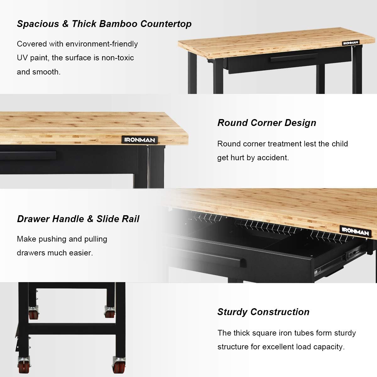 Goplus 48" Mobile Workbench, Bamboo Tabletop Workstation with Two Lockable Casters, Sliding Organizer Drawer, Weight Capacity 500 Lbs, Multipurpose Worktable