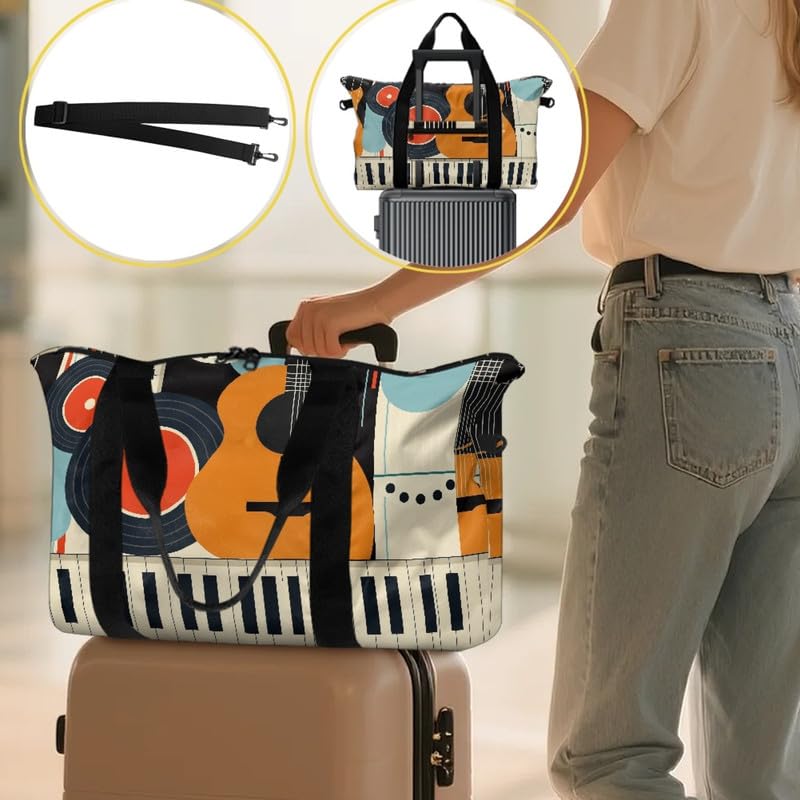 Piano Music Large Duffle Bag for Travel, Guitar Vinyl Pattern Lightweight Carry On Personal Item Bag, Fits Underseat Airline Size3