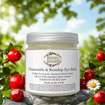 Organic & Natural Rosehip & Chamomile Eye Balm | Pure Plant Botanicals & Essential Skin Oils | Large 60 g. Glass Jar | Made in U.K.