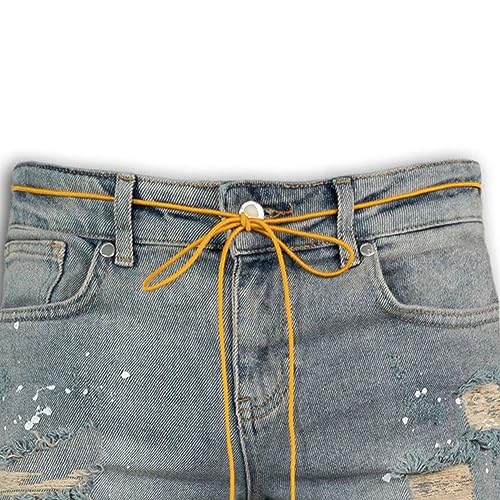 Men's Knee Ripped Tie Jeans Distressed Holes Stretch Biker Jean Destroyed Tapered Leg Denim Pants3