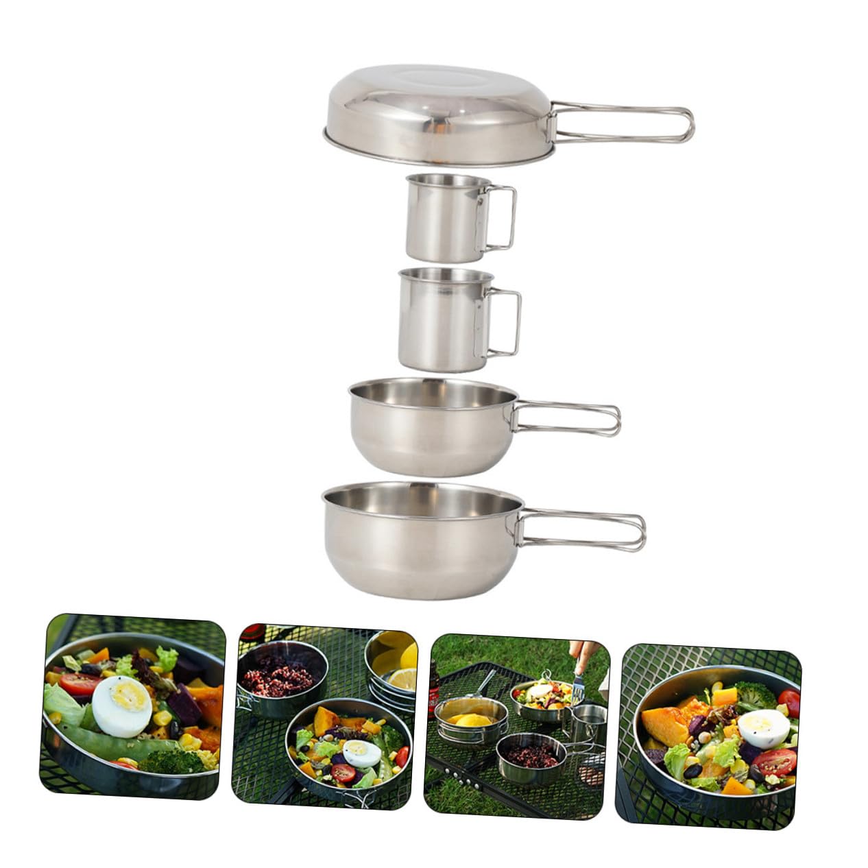 Ensemble de Vaisselle de Camping en Acier Inoxydable 5 Pièces Pliable, Casseroles et Tasses Légères, Ustensiles Multifonctions pour Randonnée et Pique-niques en Plein Air