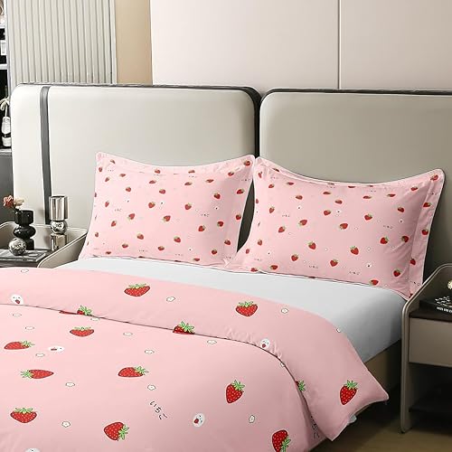 Miniatura 4 de Juego de ropa de cama 100 % algodón para niñas, tamaño individual, funda de edredón Kawaii fresa para niños, estilo japonés, rosa, linda caricatura,