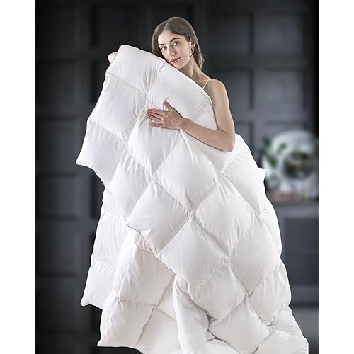 WhatsBedding Goose Feather Down Comforter, Queen Size Duvet Insert, White Premium Luxury Hotel Bedding Comforter, 100% Cotton Fabric with Corner Tabs, 90"x90"