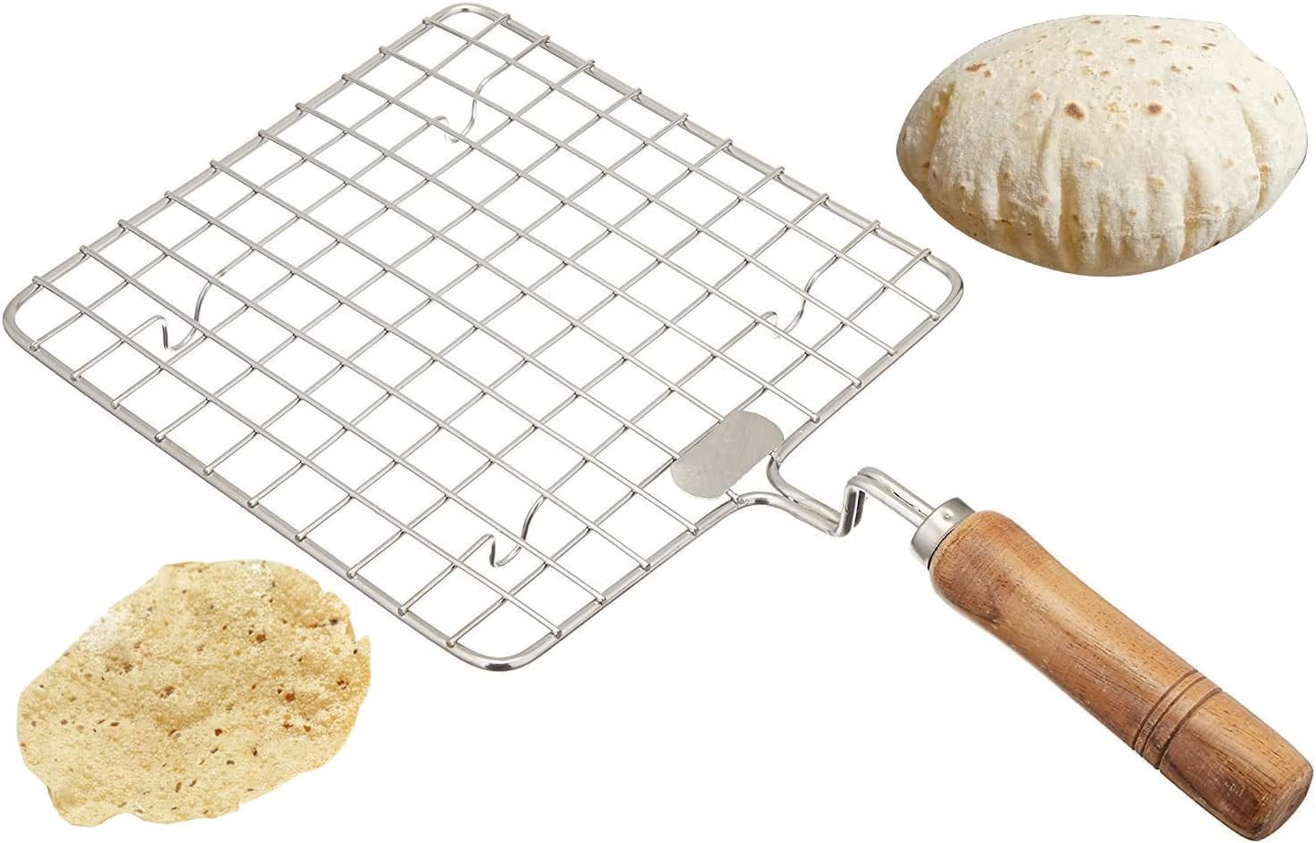 Wooden Sqaure Roasting Net,Stainless Steel Wire Roaster,Wooden Handle Round with Roasting Net,Roasting Net,Square Roasting Net,Papad Jali,Roti Jali,Roaster
