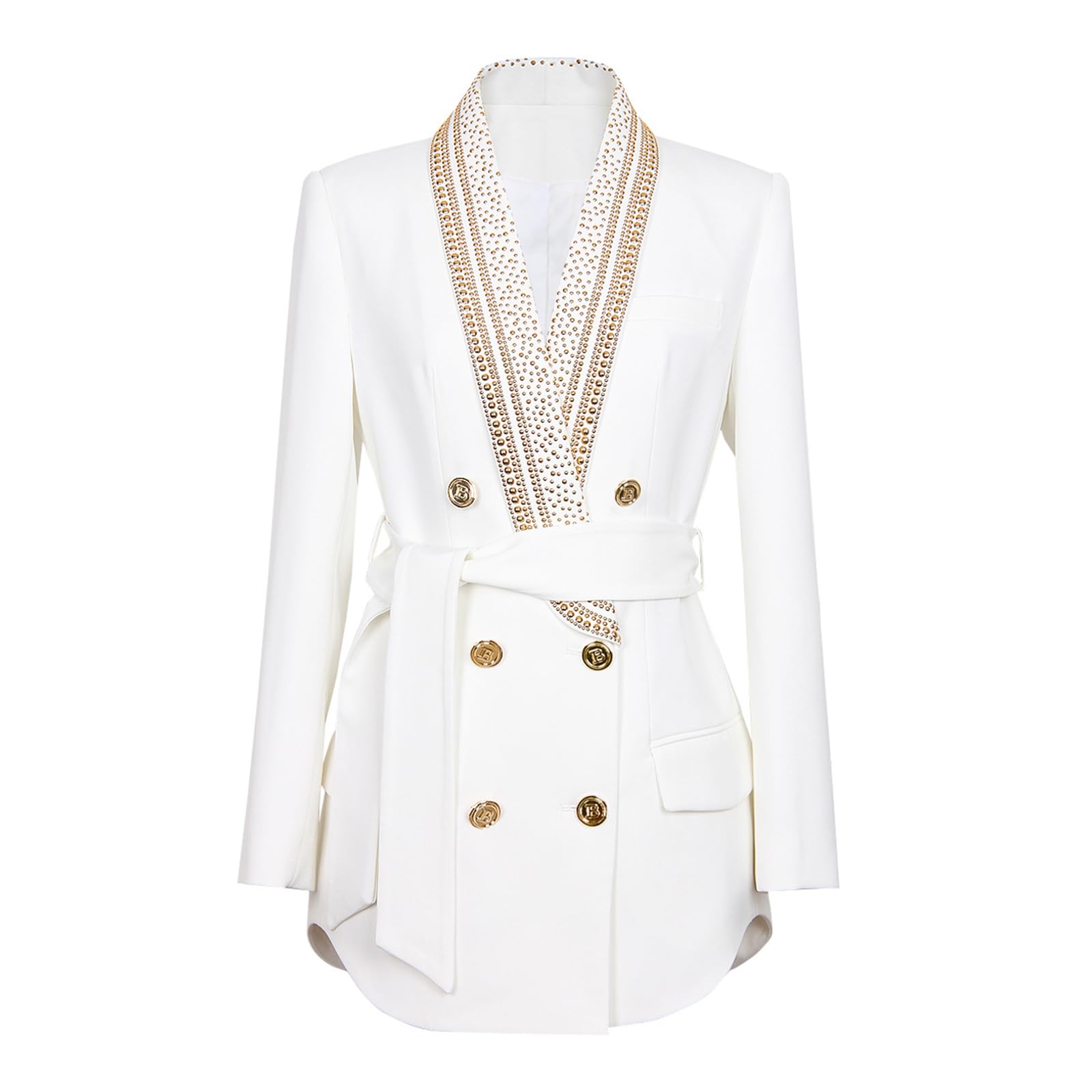 Giacca da Donna di Lusso Modello Blazer Doppiopetto Alla Moda con Strass Scintillanti Collo A Scialle e Cintura