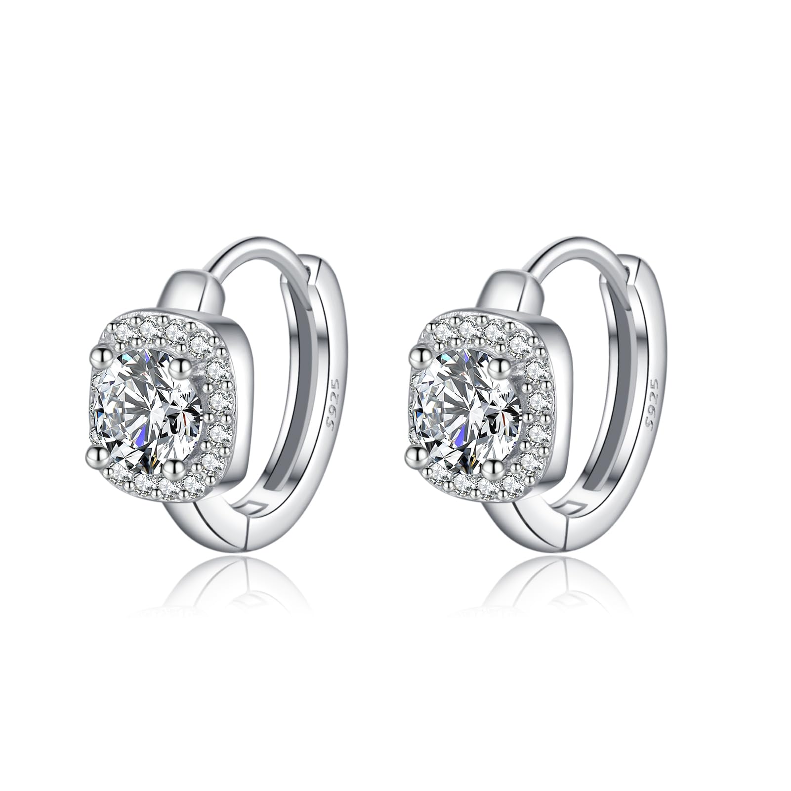 SLUYNZ 925 Sterling Silver Halo Simulated Diamond Hoop Earrings for Women Teens Sparkly CZ Huggie Earrings Square Cubic Zirconia Hoop Earrings