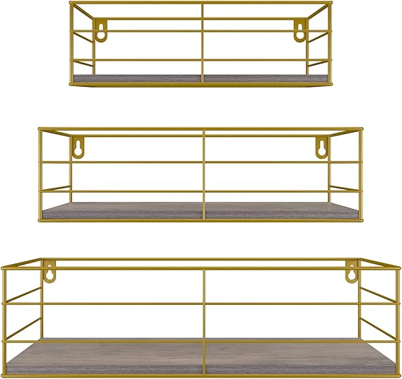 EYMPEU Floating Shelves, Gold Wall Shelves Set of 3, Metal Wood Display