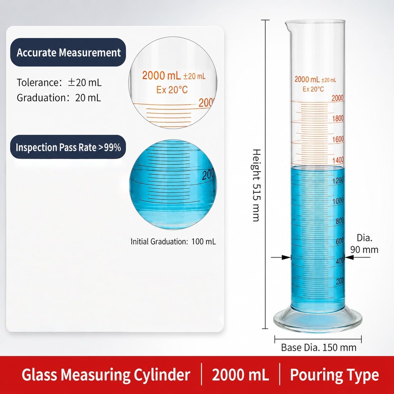 Graduierter Messzylinder aus Borosilikatglas Labormessrohr-2000mL