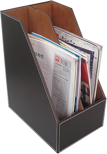 Miniatura 6 de KINGFOM Organizador de carpetas de archivos de escritorio de cuero sintético de madera y soporte para archivos de documentos, revistero, 2 ranuras