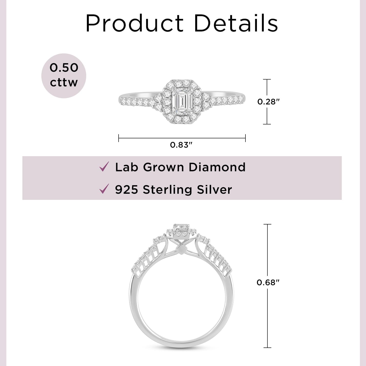 Jewelili 0.50 CTW Lab Grown Diamond Promise Ring for Women | 925 Sterling Silver | Emerald and Round Cut Engagement Ring | Size 6, 7 & 8 | Luxury Jewelry with Gift Box