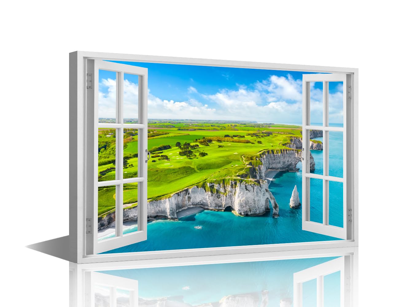 TISHIRON Canvas Wall Art for Bedroom Living Room Seascape Modern Home Decor 3D Window View Painting Pictures Cliff Coast Office Contemporary House Artwork Frame Ready to Hang, 24x16in