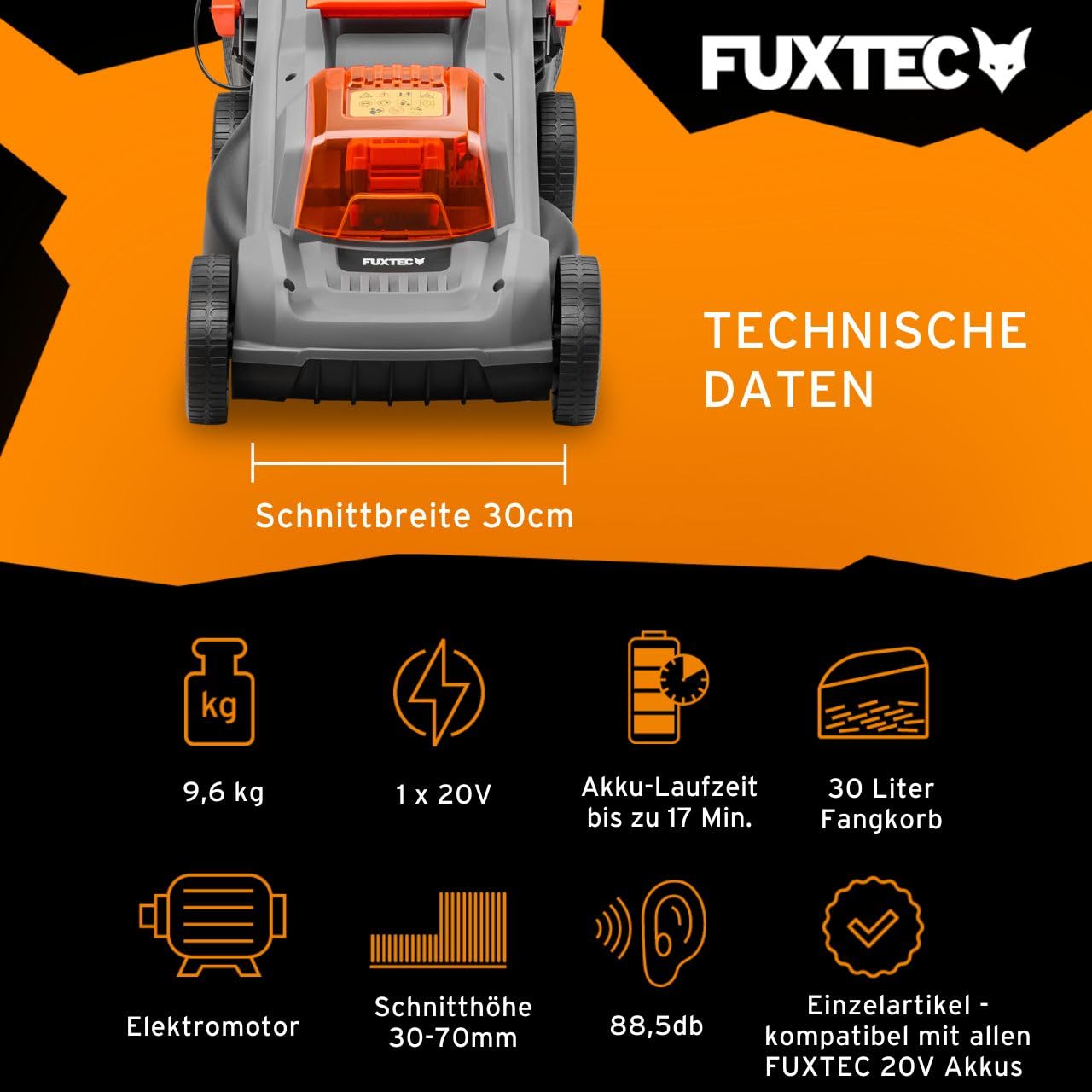 FUXTEC 20V Akku-Rasenmäher FX-E1RM20ECO, leichtgewichtiger Gartenmäher für kleine Flächen bis 200 m², 30 L Fangbox, Schnittbreite 30 cm, ohne Akku