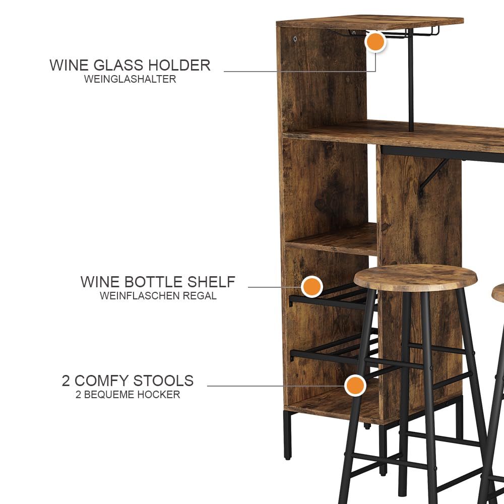 Vicco Set de Table de Bar Fyrk, Noir/chêne Rustique, 121.5x40cm avec 2 tabourets, Convient comme Coin Repas avec Surfaces de Rangement pour Le Stockage