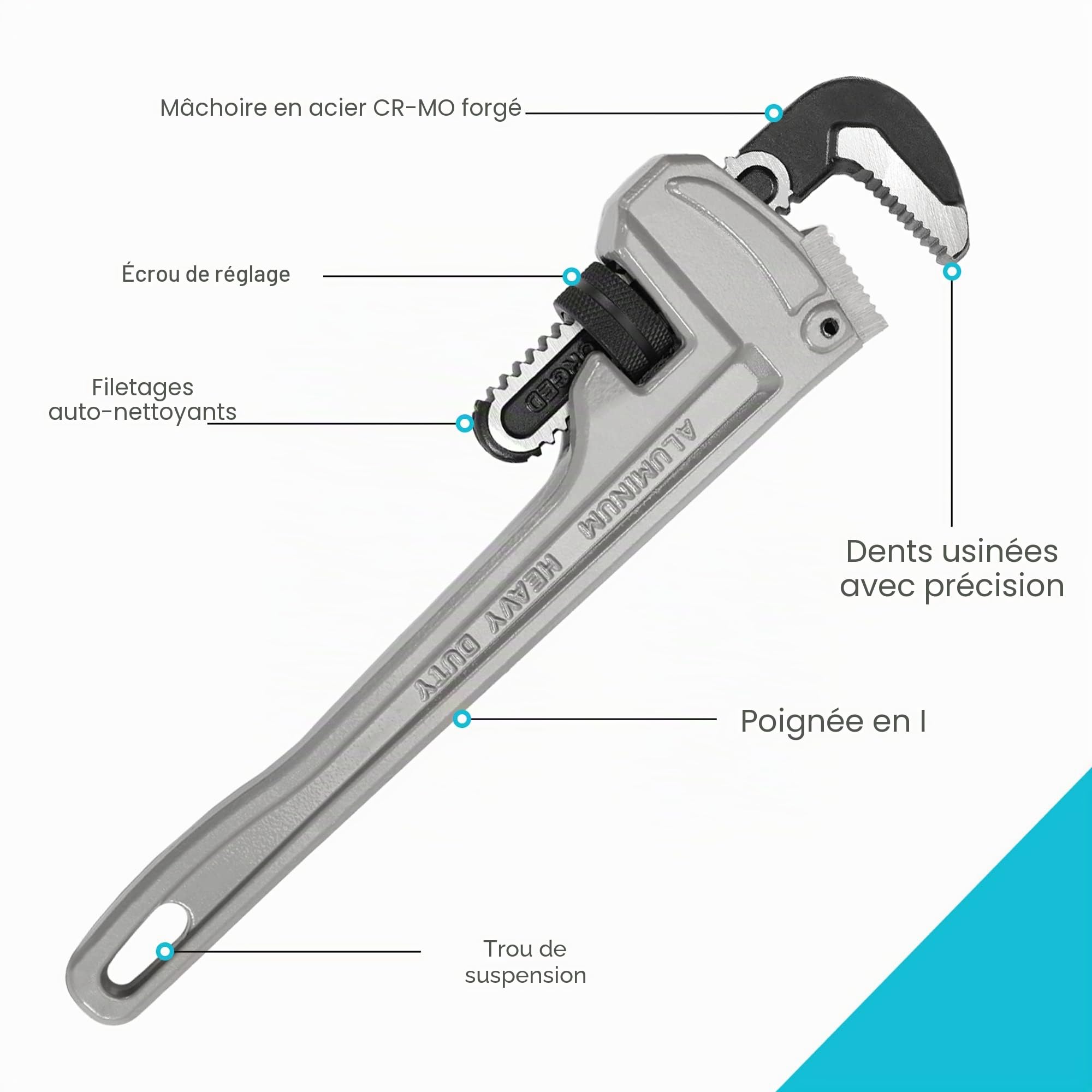 DURATECH Clé Serre-Tubes Droite en Aluminium Robuste 350 mm, Clé à Griffe pour Réparation de Plomberie