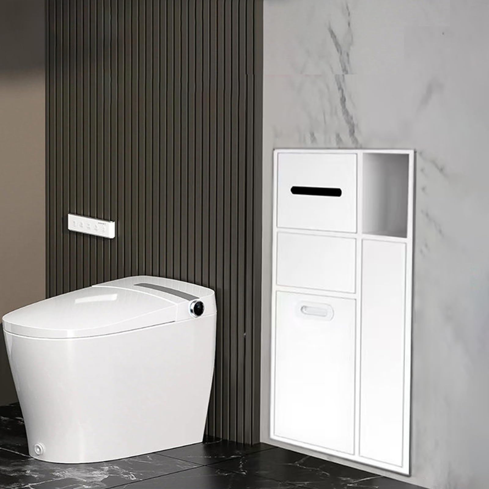 MESCXTY Recessed Toilet Paper Holder with Storage Cabinet for Brush Holder,4-in-1 in wall Holder,for Bathroom Remodel,Space-Saving,Stainless Steel(White,26.3 * 15.7in)