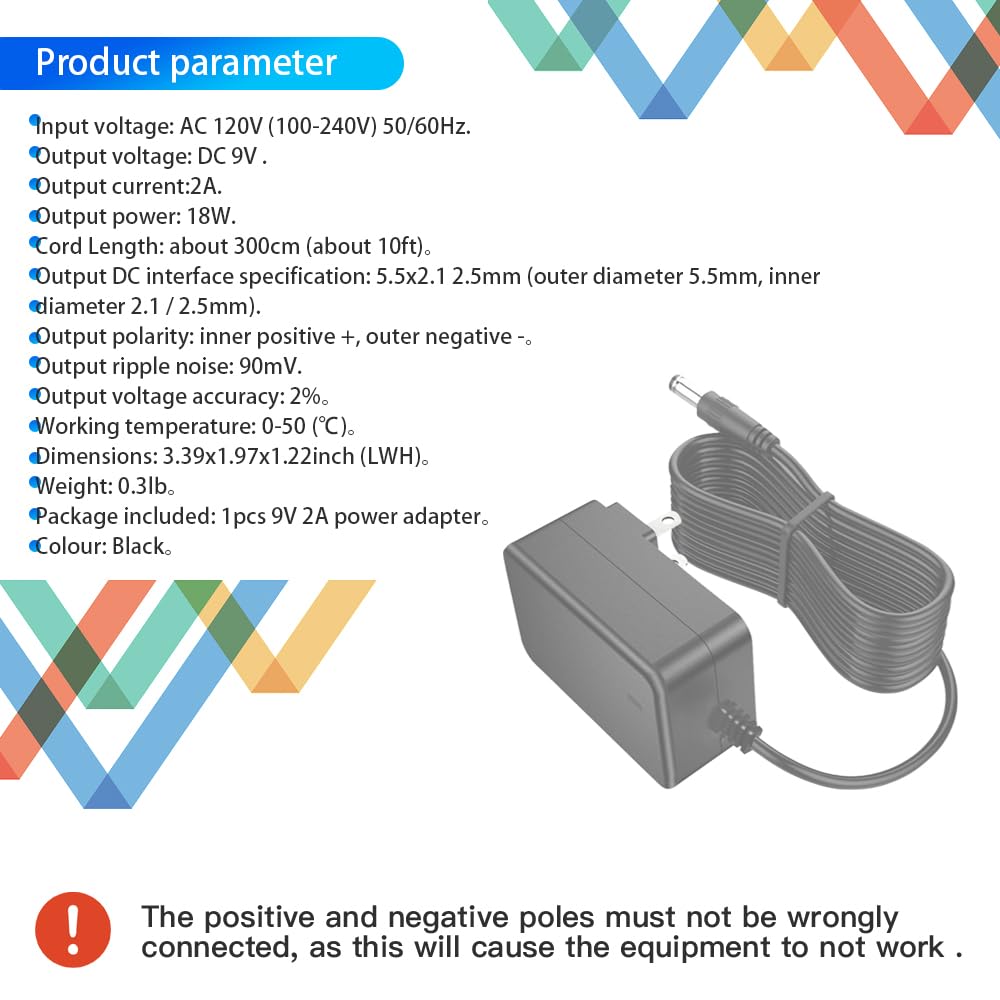 Alimentatore 9V, 2A Max., Adattatore di alimentazione 9V, Cavo di alimentazione DC 9V con spina 5,5x2,1mm, cavo di alimentazione di prolunga da 3 m può essere adatto per dispositivi da 9 Volt 2000mA