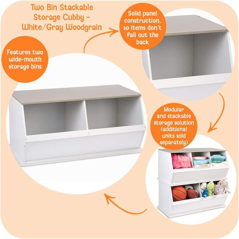 Badger Basket Two-Bin Stackable Toy Storage Cubby Organizer for Kids, Books, Clothes, and Toys – Sturdy Wooden Organizer for Playroom, Bedroom, or Nursery – White/Gray Woodgrain Finish