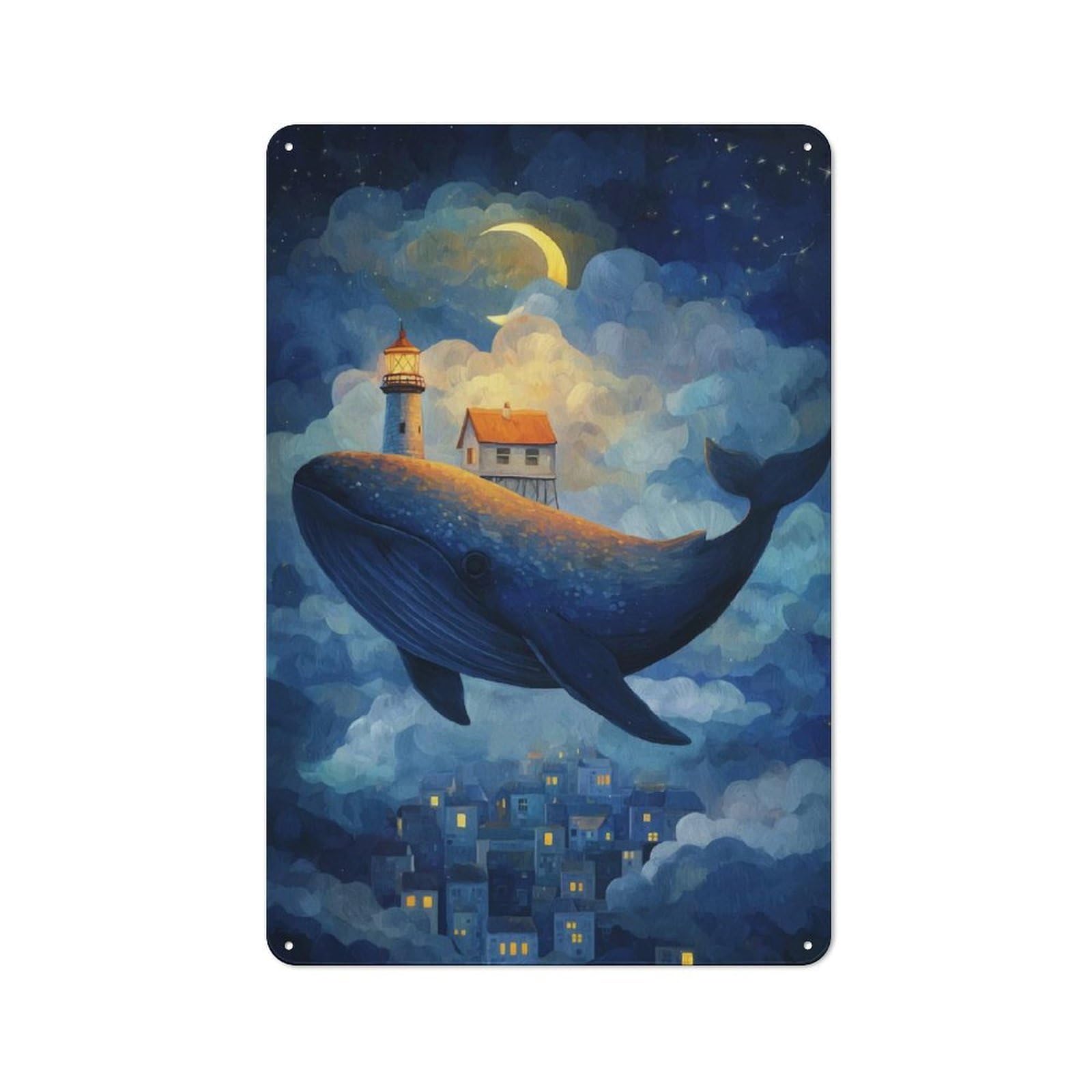 Tin Wall Plaque 30x20cm with Whale Island Dreamscape for Workshop Wall, Suited to Makers And DIY Enthusiasts