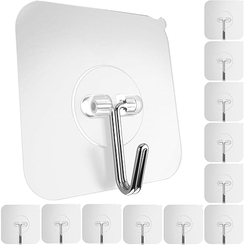 GLUIT Adhesive Wall Hooks for Hanging Heavy Duty 22 lbs Hooks for Walls No Damage, Towel Sticky Clear Hook, Waterproof, Home, Bathroom, Kitchen, Office, and Outdoor 12 Pack