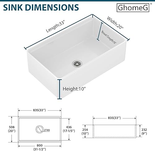 Vista 101 de Fregadero de 33 unidades de arcilla refractaria de 33 x 20 x 10 pulgadas, color blanco, fregadero de cocina de porcelana de cerámica, estilo casa