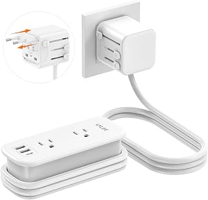 VYLEE Universal Travel Adapter with Power Strip, Compact International Power Adapter with 2 USA sockets, 2 USB-A & 1 USB-C Ports, 6ft Extension Cord, Worldwide Plug Adapter for Europe UK US AU