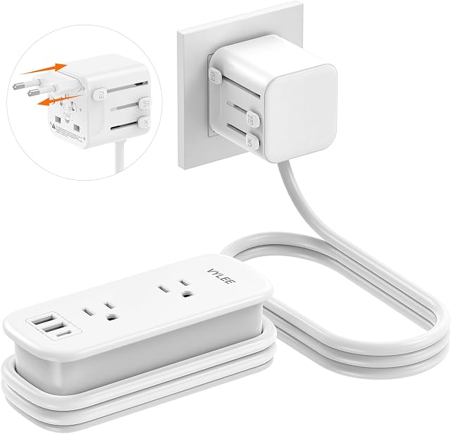 VYLEE Universal Travel Adapter with Power Strip, Compact International Power Adapter with 2 USA sockets, 2 USB-A & 1 USB-C Ports, 6ft Extension Cord, Worldwide Plug Adapter for Europe UK US AU
