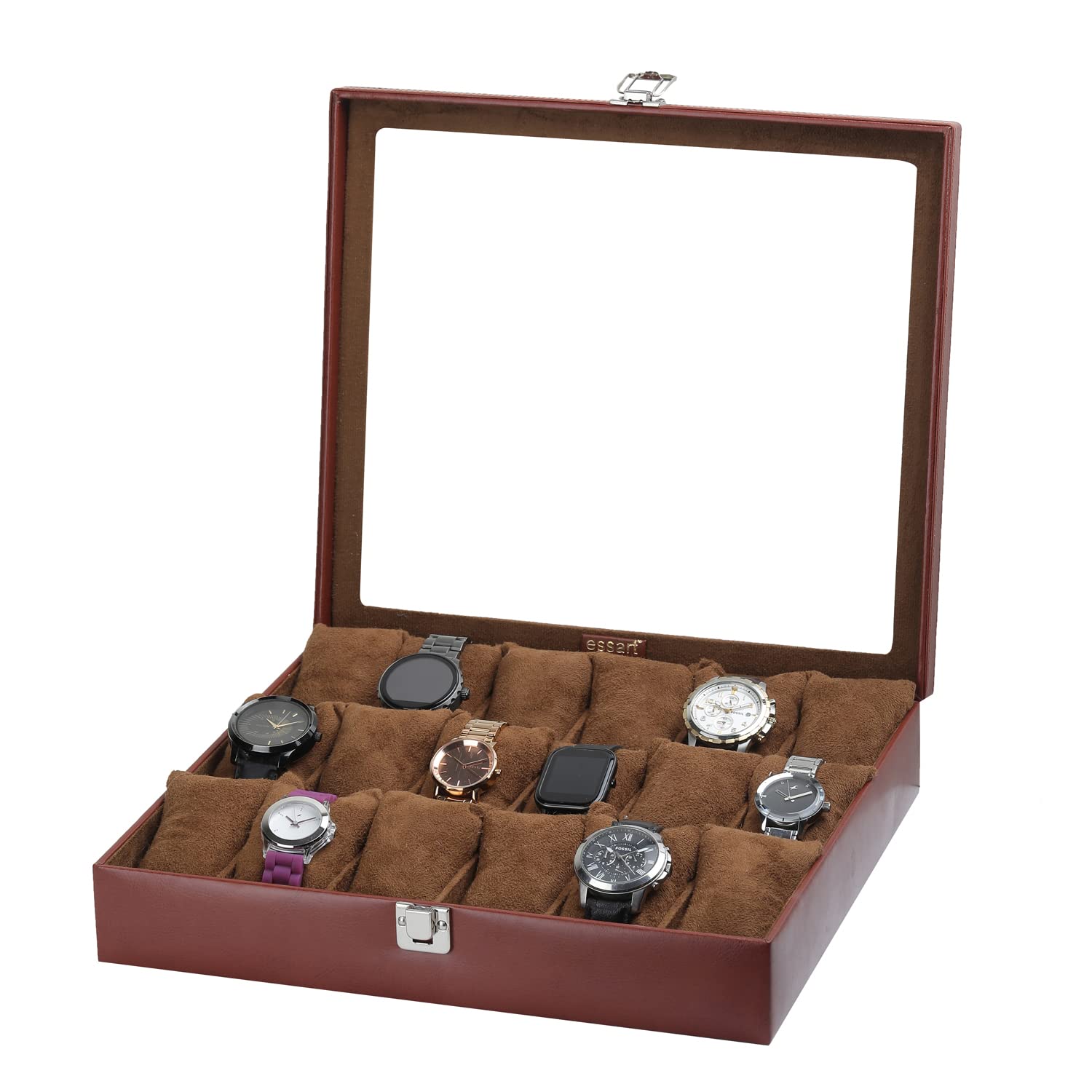 essart Mens and Womens Watch Box Holder Organizer Case In 18 Slots of watches In PU Leather with Black color (WL-04-Tan-Window) (B0CT8TY2S1) Amazon Price History, Amazon Price Tracker