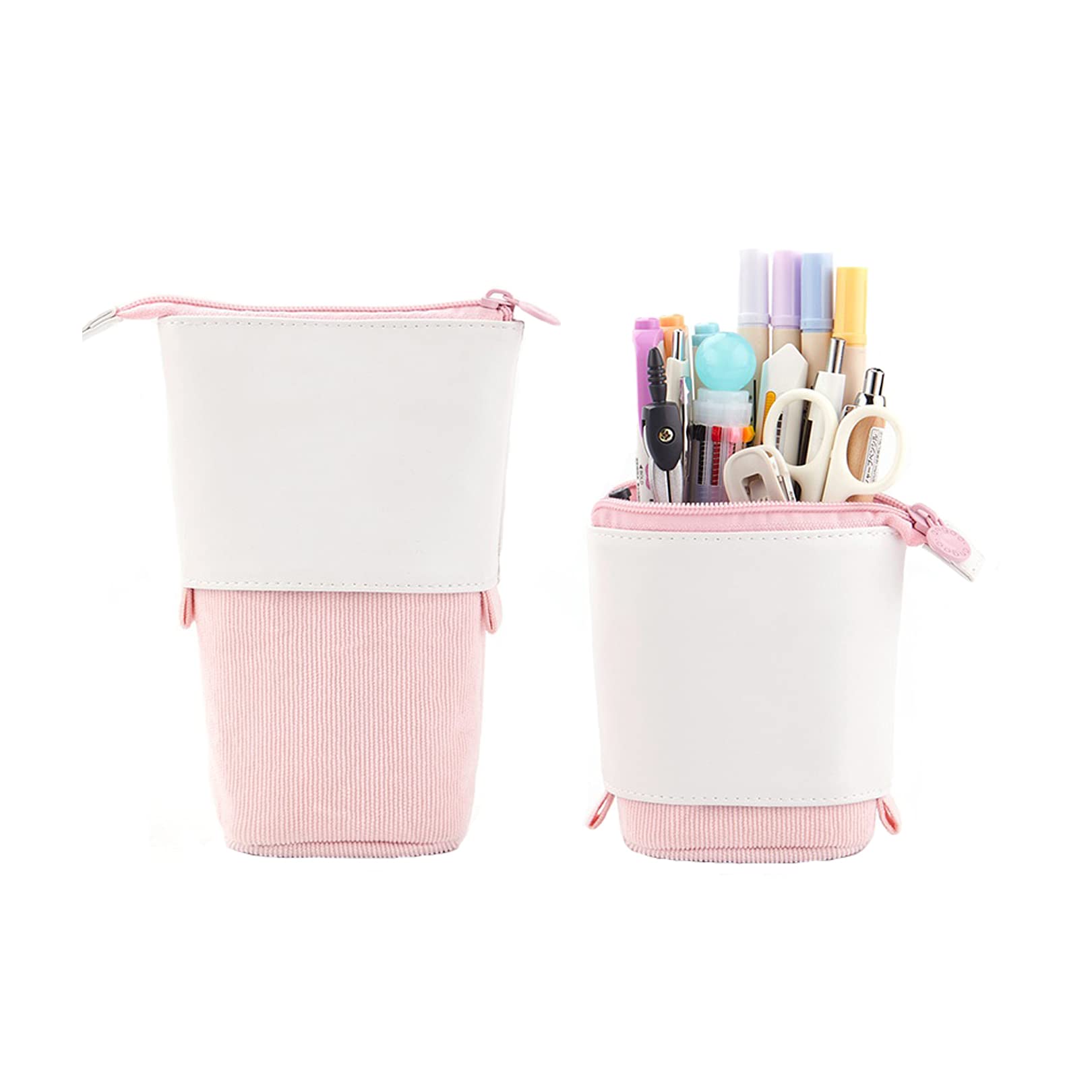 LISSOMPLUME 2PACK Pop Up Standing Pencil Case PU Corduroy Retractable Pens Holder Telescopic Stationery Bag Organizer Pink