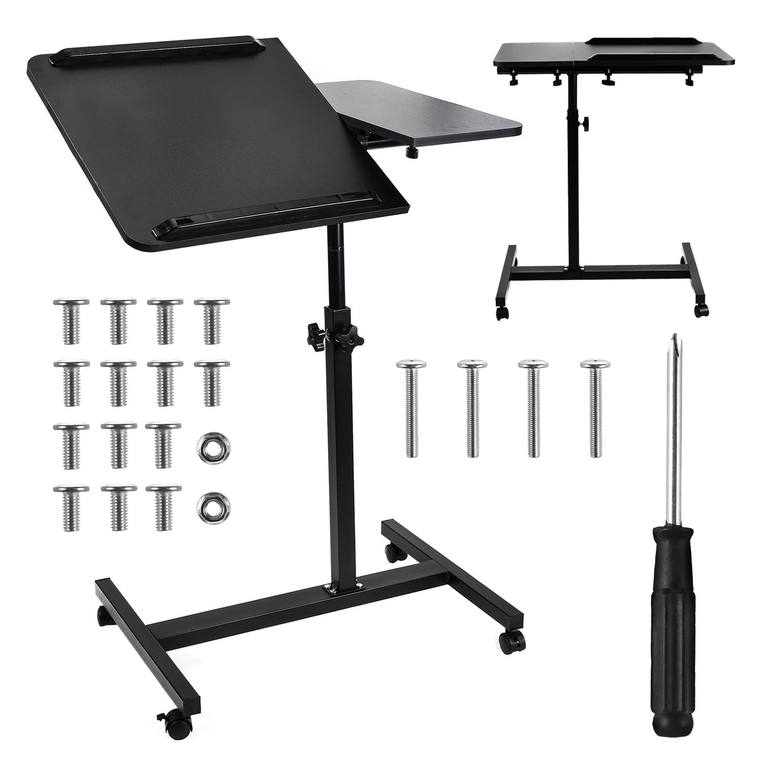 Biurko mobilne Maclean | Wysokość regulowana 59-89 cm | Podwójny blat z możliwością pochylenia 90° | Kółka z hamulcami | Nośność 30 kg | Ergonomiczne biurko komputerowe (Czarny)