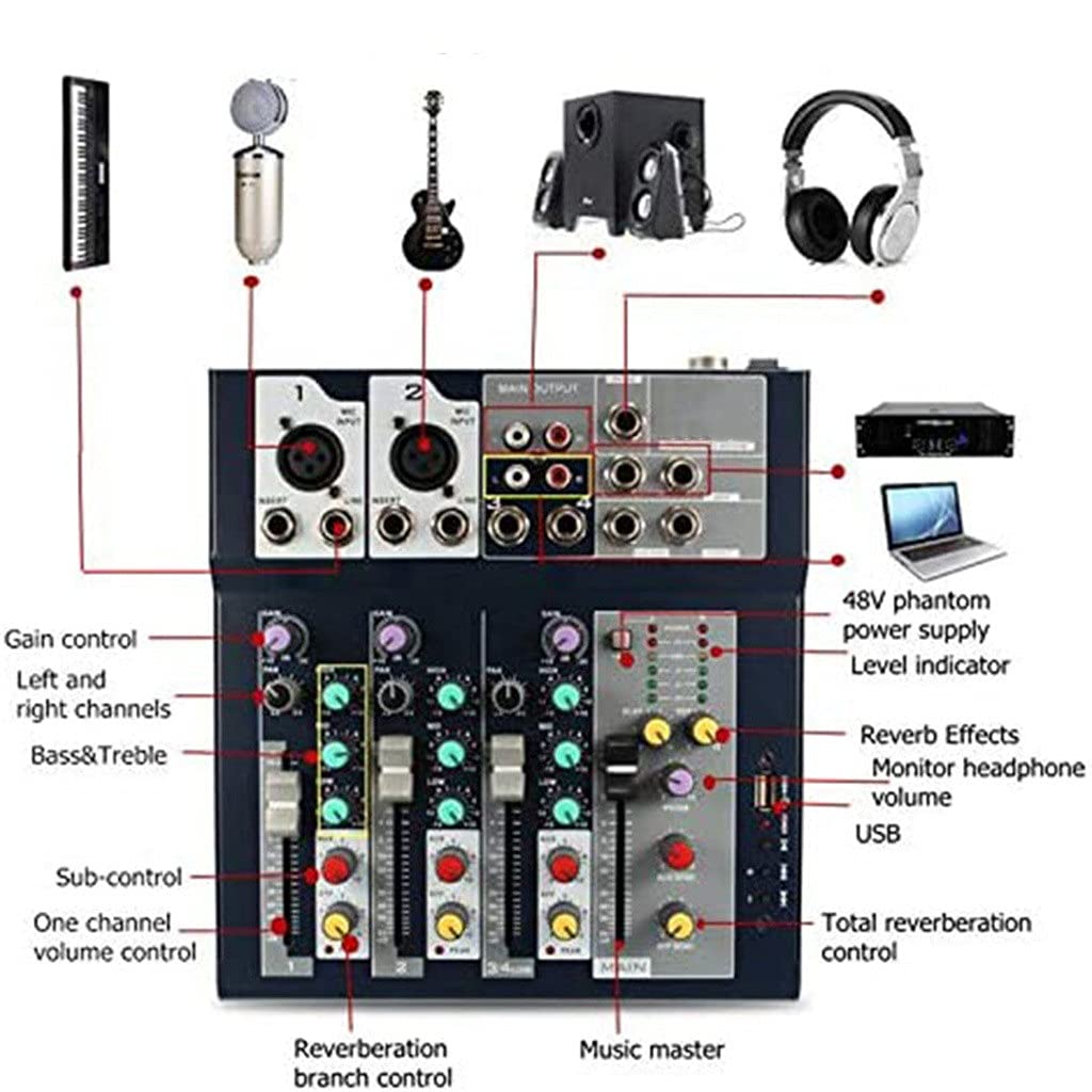 Mezclador Profesional Mezclador de 4 Canales y 2 Buses con Entrada de Reproductor Bluetooth/USB/mp3 Potencia de 48v para Grabar música de Escenario DJ