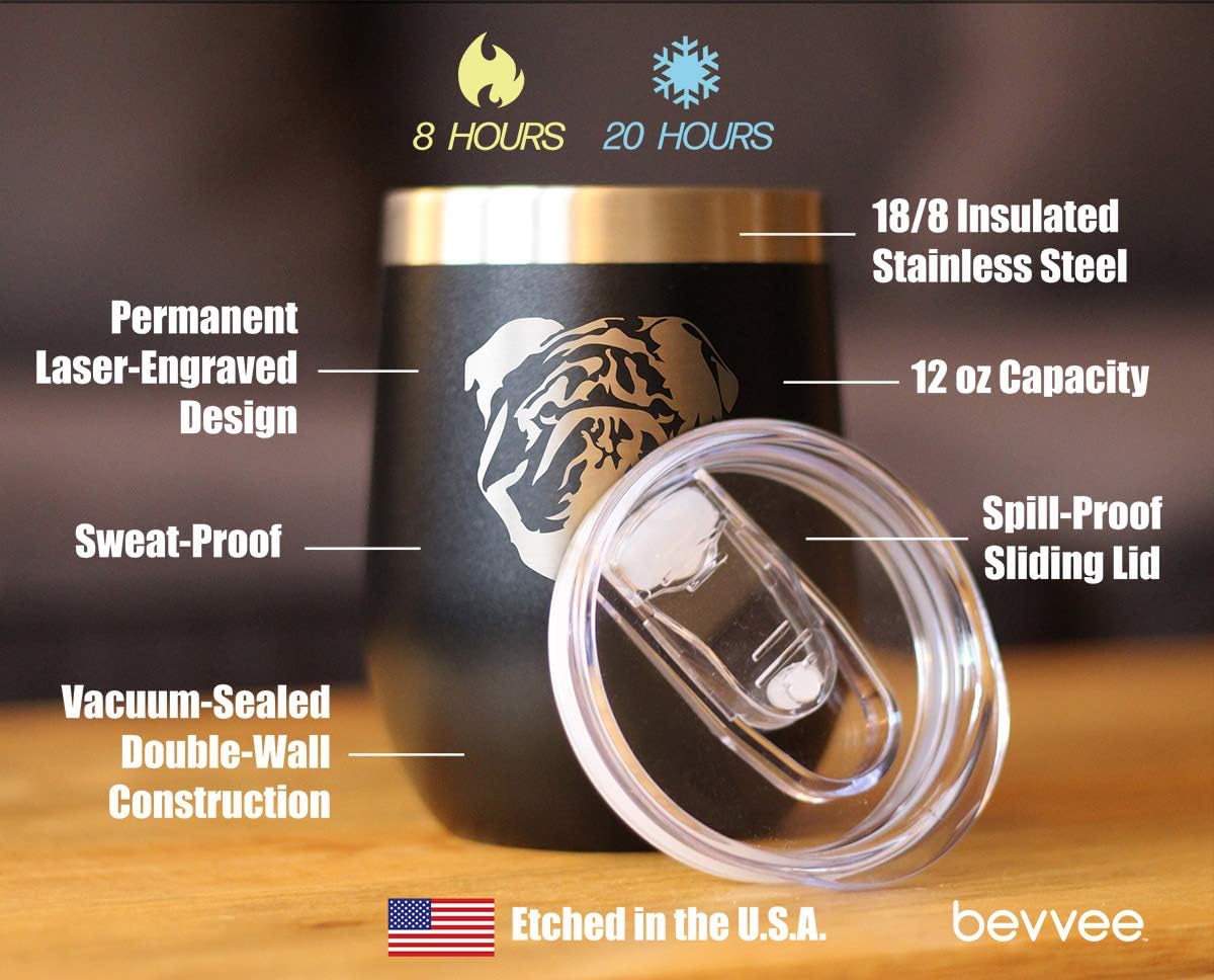 Bulldog Wine Tumbler with Sliding Lid - Stemless Stainless Steel Insulated Cup - English Bulldogs Outdoor Camping Mug - Black