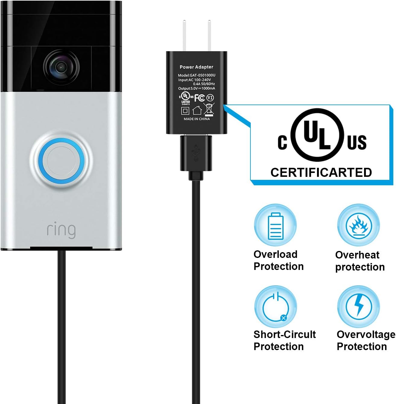 OLAIKE 16 ft/5 m Charge Cable with DC Power Adapter for All-new Ring Video Doorbell 2020 Release 2nd Gen&Ring Doorbell 1st Gen,Weatherproof Cable to Continuously Charge,No Need to Change the Batteries