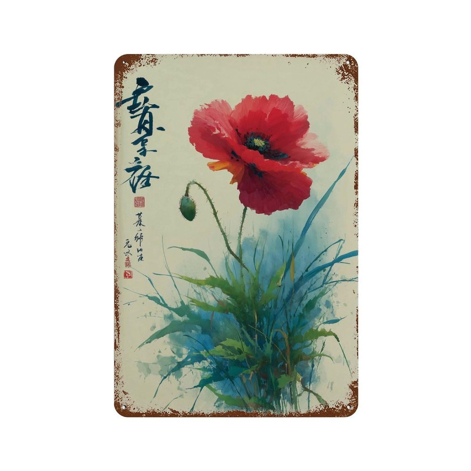 xiaoxiaoshen Red Poppy Watercolor Japanese Floral Minimal Ink Flower Work Botanical Asian Sty Wall Decor Art Metal Tin Poster Modern Home Decor Art Home Bar Shop Decorations Vintage Sign 30x20cm