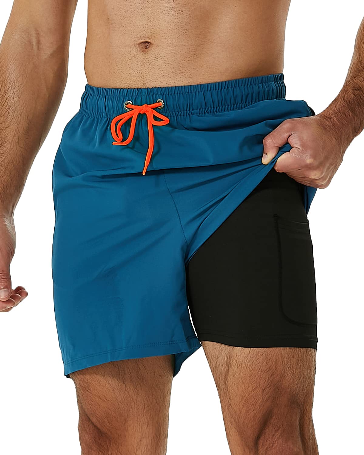 SILKWORLD Mens Swimming Trunks with Compression Liner and Zipper Pockets