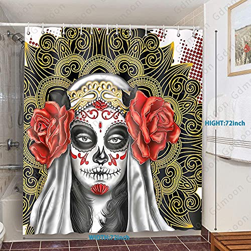 Gdmoon Day Of The Dead Shower Curtain Skull Wedding Bride Gothic Horror Dark Mask Graffiti Mexico Mandala Boho Rose Flower Plant Bathroom Curtain Set With 12 Hooks 72X72In Ylzfgd858 #TOP1