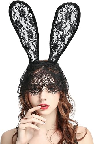 Ibluelover Diadema sexy con orejas de conejo, diadema de encaje con orejas de gato, velo flexible para disfraz de Halloween, discotecas, cosplay