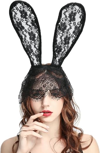 Ibluelover Lace Bunny Ear Headband Halloween Sexy Veil Cat Bunny Ear Headpiece Bendable for Halloween Nightclubs Cosplay