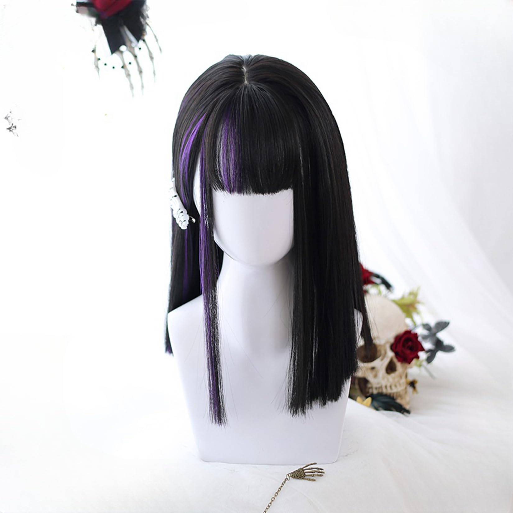 Amazon.co.jp: 黒 紫 メッシュ セミロング コスプレウィッグ ロリータ 