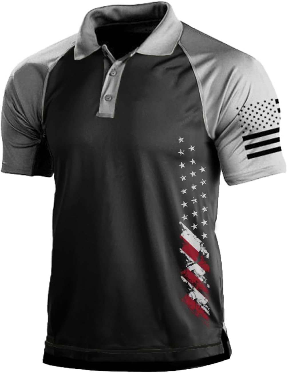 BlackTeak Men's Polo Shirt Short Sleeve Quick Dry American Flag Print Graphic Split Color Golf Shirt for Sport