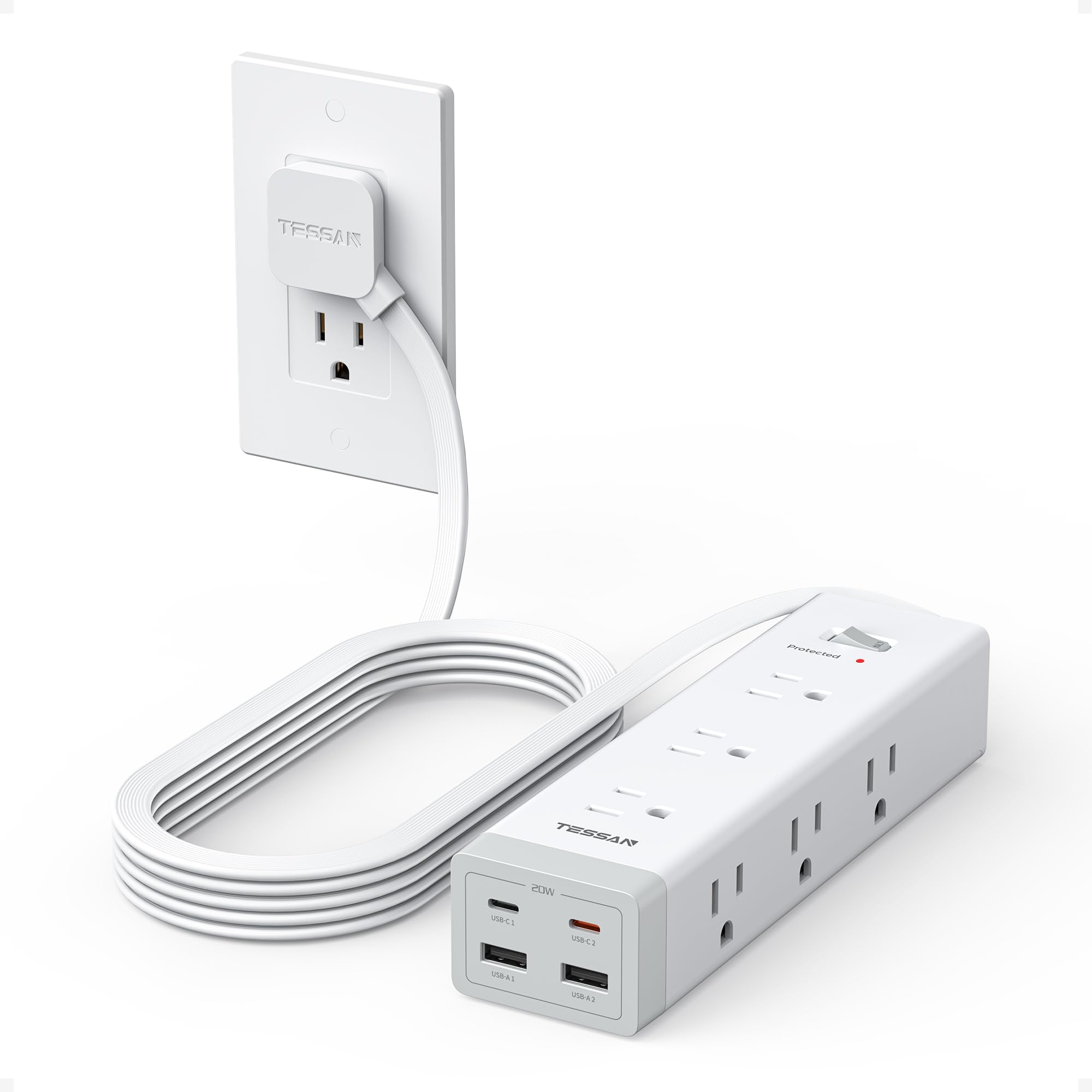 TESSAN Surge Protector Power Strip PD 20W, 10 FT Extension Cord with Multiple Outlets Flat Plug, 4 USB (2 USB C) and 9 AC Outlets, Multi Port Charging
