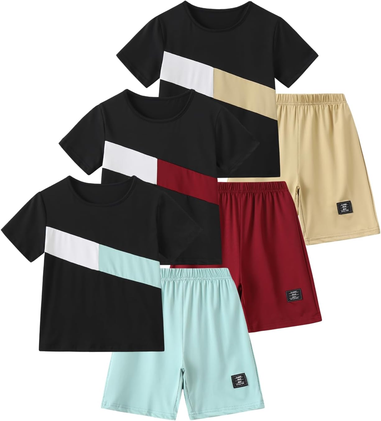 Boys Clothes 6 Piece Set Colorblock Short Sleeve Crewneck T-Shirt and Shorts Summer Outfits for Kids 4-12 Years