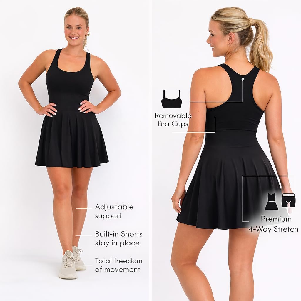 Harmony & Balance Women's Ribbed Tennis Dress, 4-Way Stretch, Quick-Dry Athletic Dress with Compression Shorts Underneath